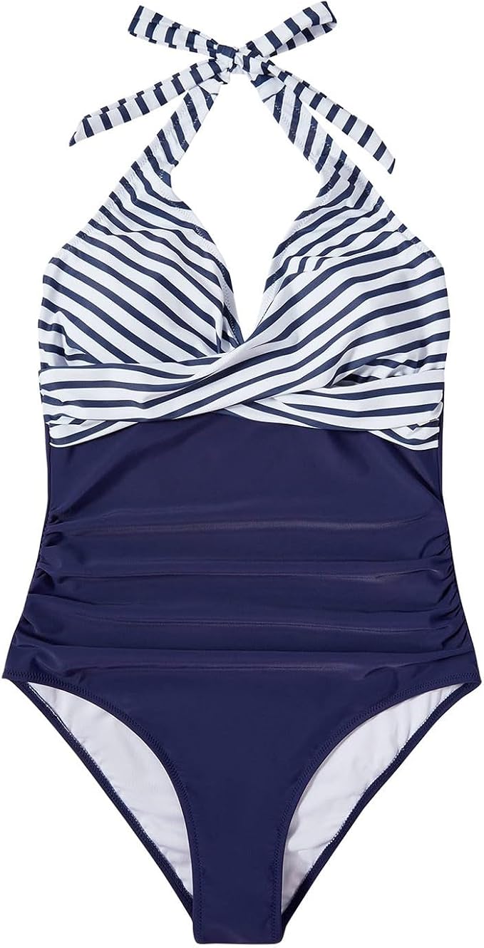 C60 - Women's One Piece Swimsuits Tummy Control Bathing Suits V Neck Colorblock Front Cross Swimwear