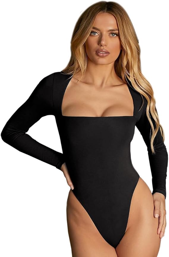 C63 - LILAMOR Body Suit, Women's Sexy Square Neck Long Sleeve Bodysuit - Bodysuit Women, Double Lined Women's Tops