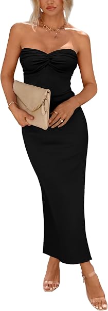C65 - PRETTYGARDEN Women's Bodycon Long Dresses Summer Strapless Tube Twist Knot Front Ribbed Knit Maxi Cocktail Dress
