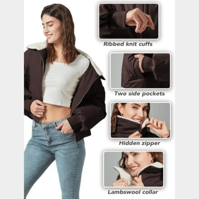 C74 - Women's Winter Puffer Jacket Cropped Coat Long Sleeve Warm Jackets Short Outerwear