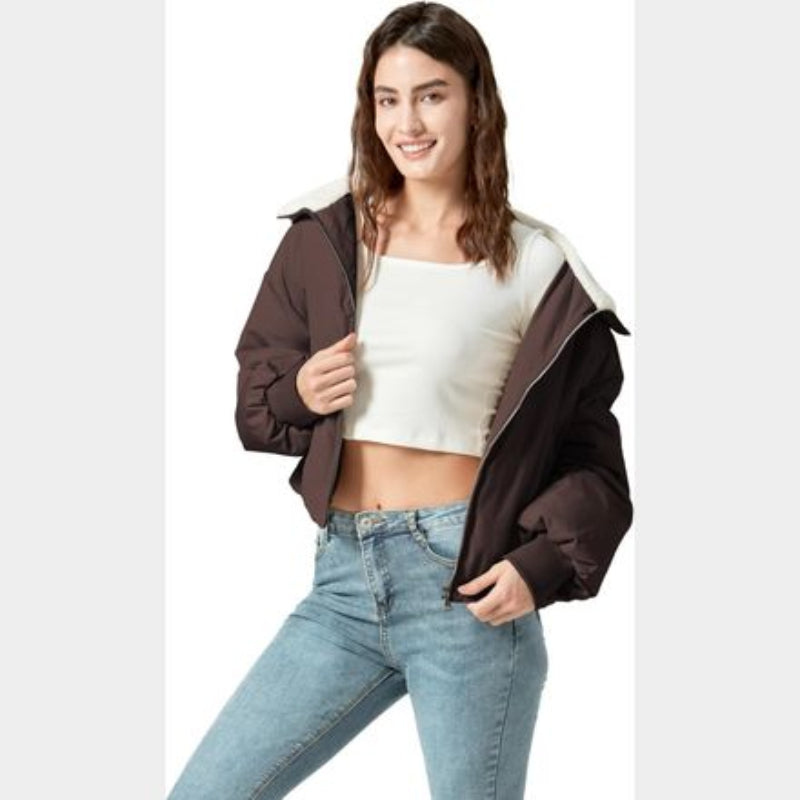 C74 - Women's Winter Puffer Jacket Cropped Coat Long Sleeve Warm Jackets Short Outerwear