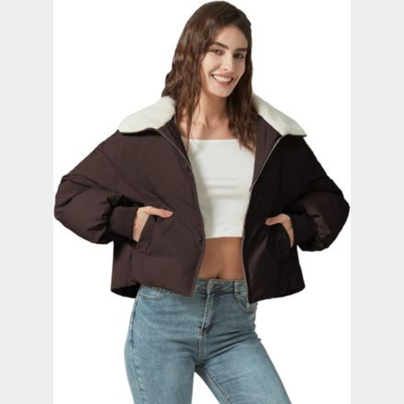 C74 - Women's Winter Puffer Jacket Cropped Coat Long Sleeve Warm Jackets Short Outerwear