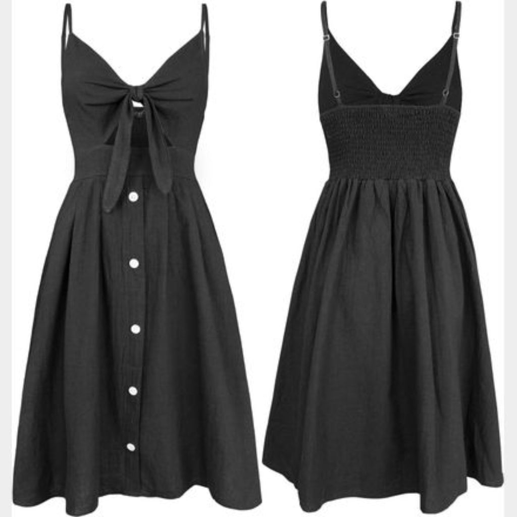 C77 - FANCYINN Women's Black Tie Front Button Down Spaghetti Strap Midi Dress