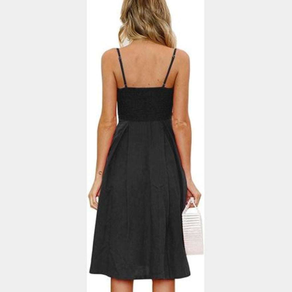 C77 - FANCYINN Women's Black Tie Front Button Down Spaghetti Strap Midi Dress