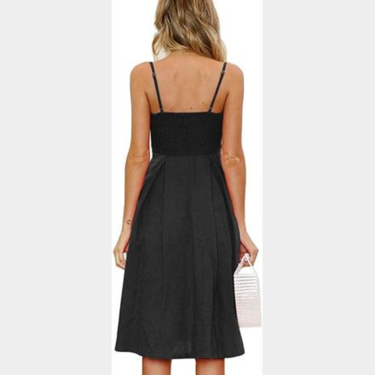 C77 - FANCYINN Women's Black Tie Front Button Down Spaghetti Strap Midi Dress
