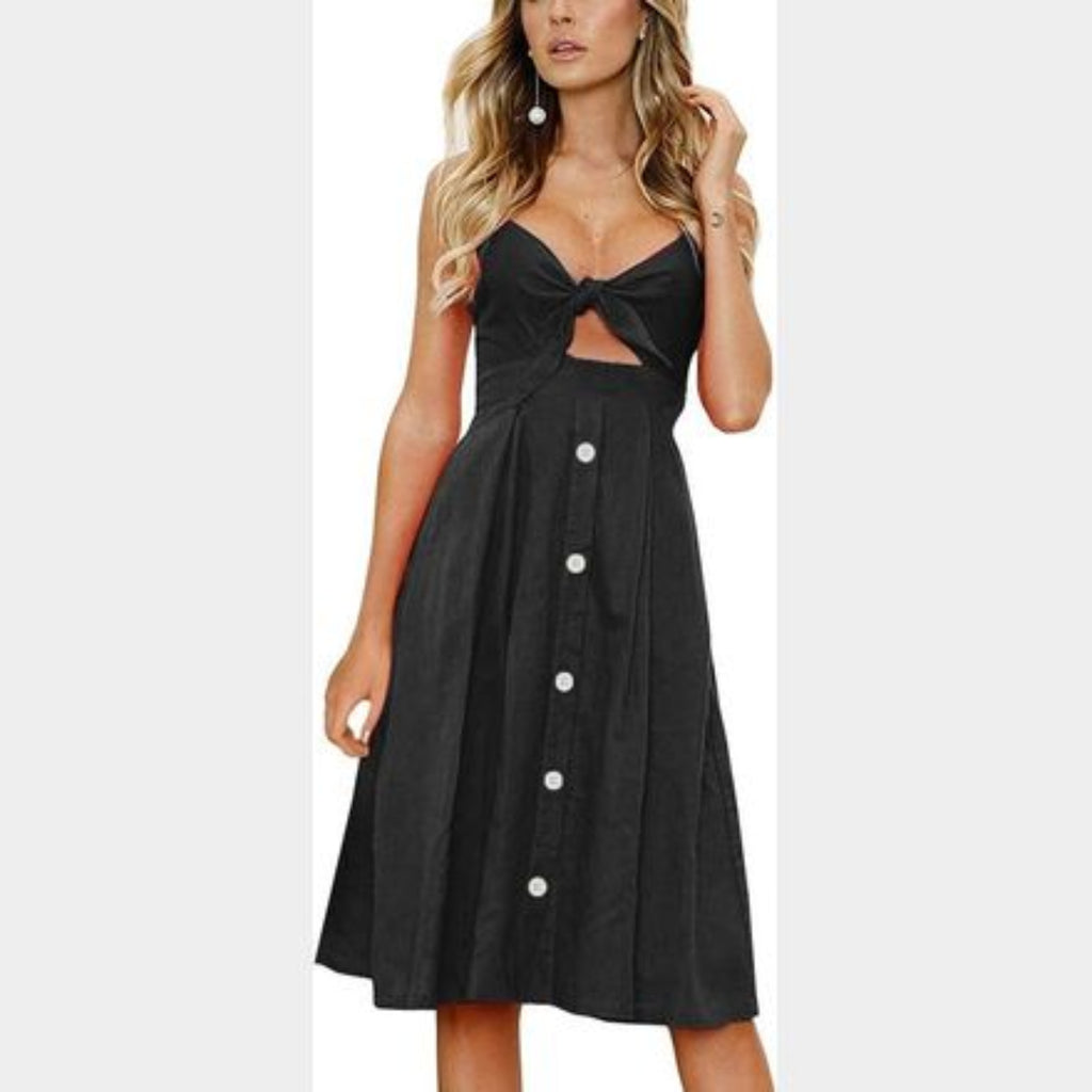 C77 - FANCYINN Women's Black Tie Front Button Down Spaghetti Strap Midi Dress