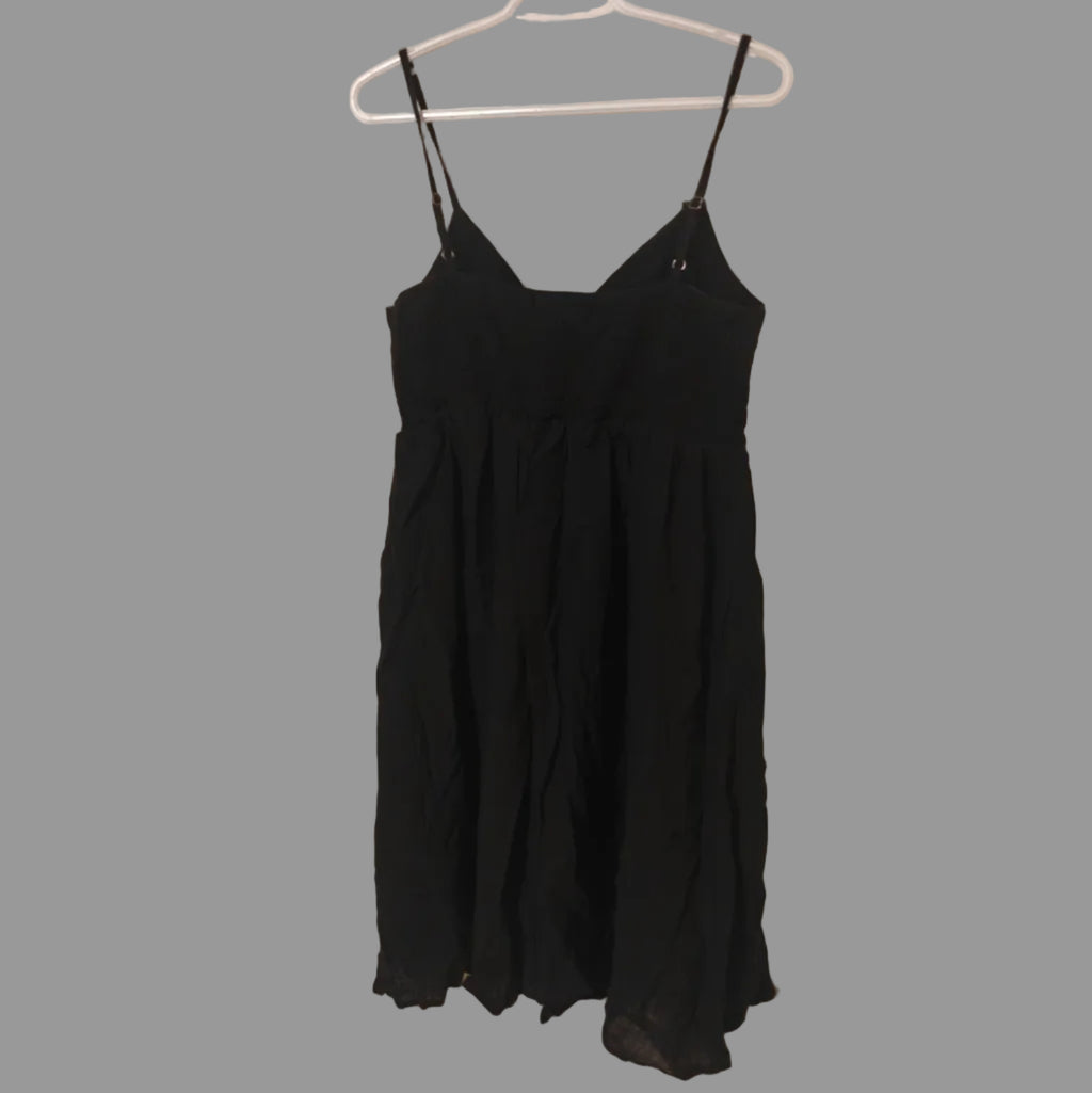 C77 - FANCYINN Women's Black Tie Front Button Down Spaghetti Strap Midi Dress