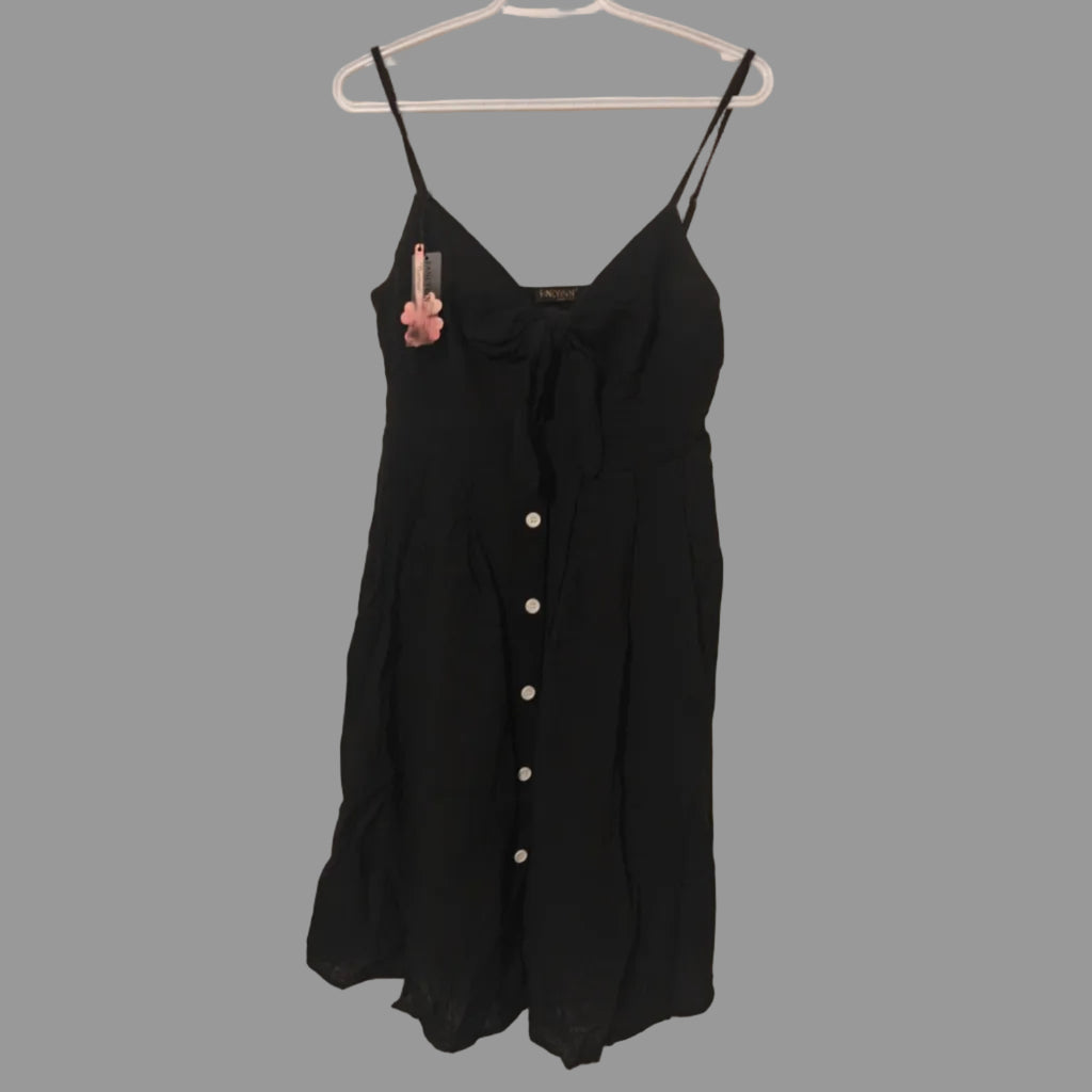 C77 - FANCYINN Women's Black Tie Front Button Down Spaghetti Strap Midi Dress