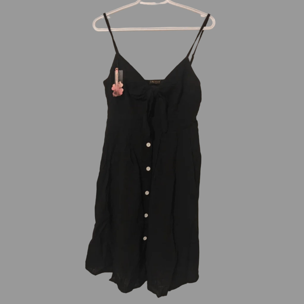 C77 - FANCYINN Women's Black Tie Front Button Down Spaghetti Strap Midi Dress