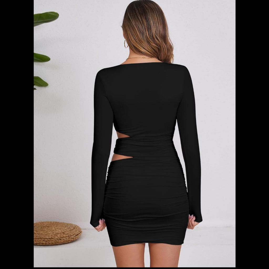 C82 - Mokoru Women's Sexy Bodycon Ruched Long Sleeve Cut Out Club Party Mini Dresses - Black