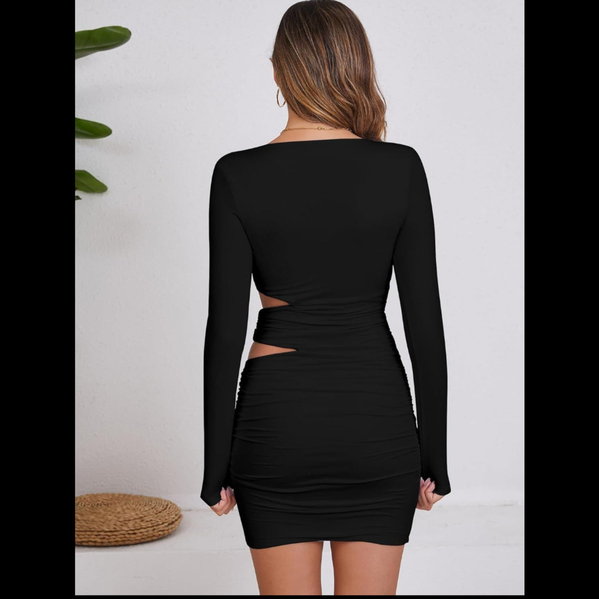 C82 - Mokoru Women's Sexy Bodycon Ruched Long Sleeve Cut Out Club Party Mini Dresses - Black