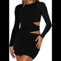 C82 - Mokoru Women's Sexy Bodycon Ruched Long Sleeve Cut Out Club Party Mini Dresses - Black