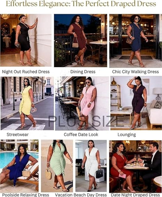 A83 - Women's Sexy Plus Size Bodycon Sleeveless Drawstring Ruched Mini Club Dresses