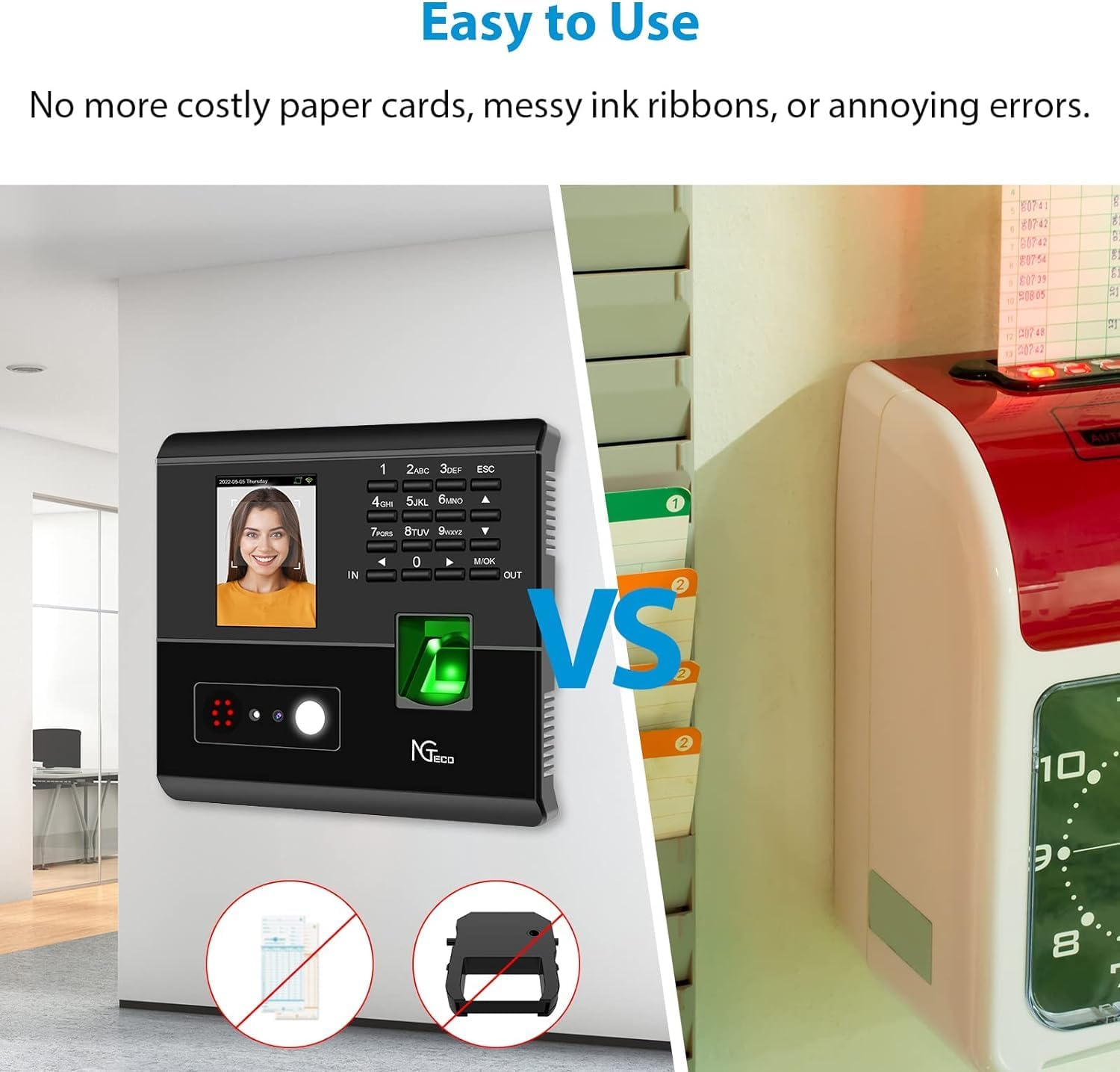 E5 - NGTeco Time Clock for Small Business, 4-in-1 Employee Attendance Machine with Face, Fingerprint, RFID Card & PIN Code, 2.4GHz WiFi, Mobile App Control for iOS Android, Shift Management, No Monthly Fee