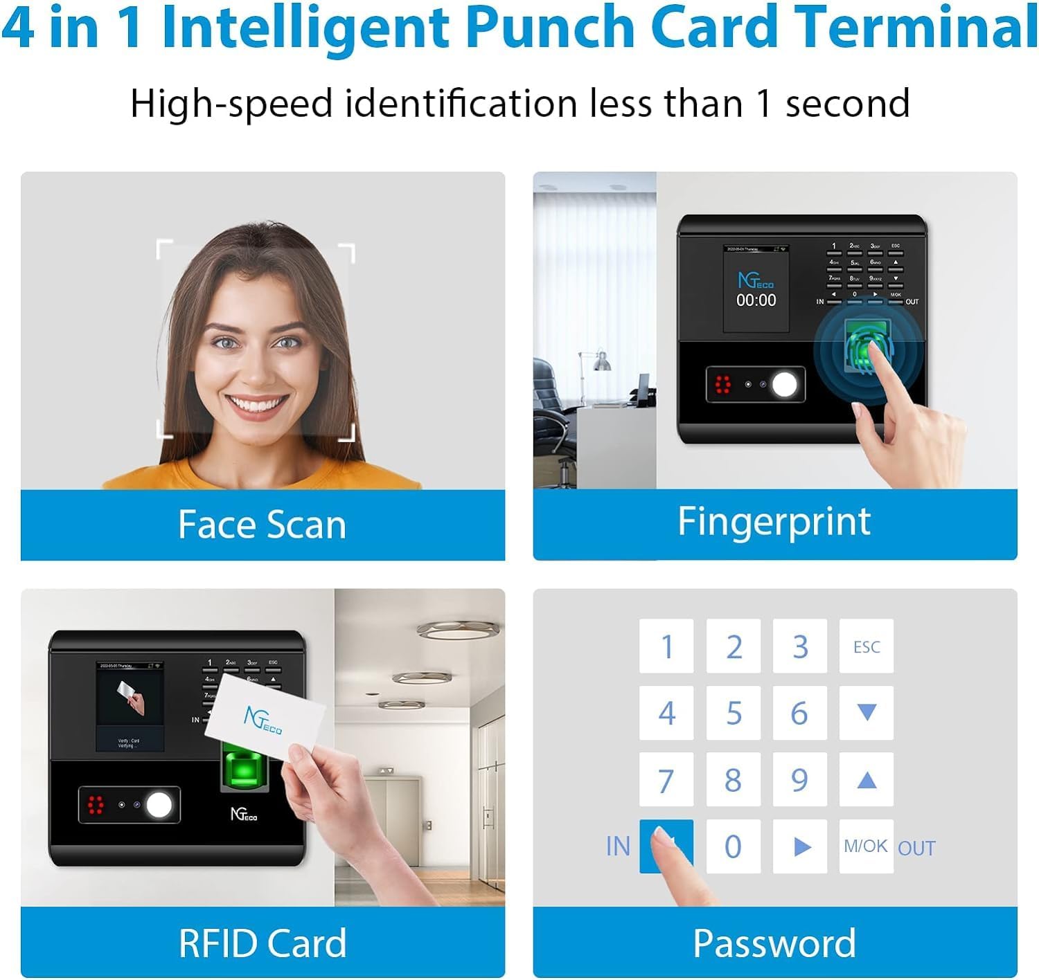 E5 - NGTeco Time Clock for Small Business, 4-in-1 Employee Attendance Machine with Face, Fingerprint, RFID Card & PIN Code, 2.4GHz WiFi, Mobile App Control for iOS Android, Shift Management, No Monthly Fee