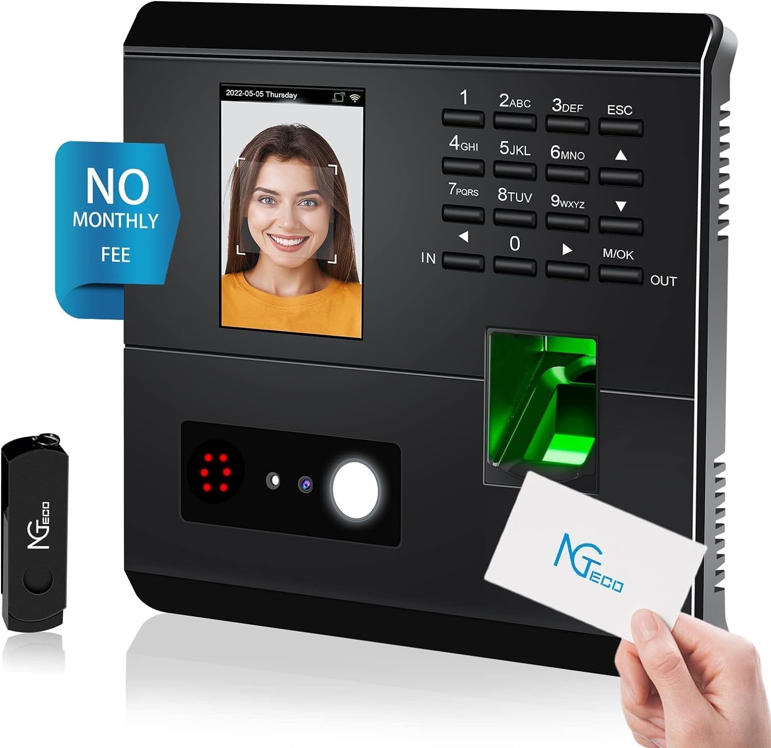 E5 - NGTeco Time Clock for Small Business, 4-in-1 Employee Attendance Machine with Face, Fingerprint, RFID Card & PIN Code, 2.4GHz WiFi, Mobile App Control for iOS Android, Shift Management, No Monthly Fee