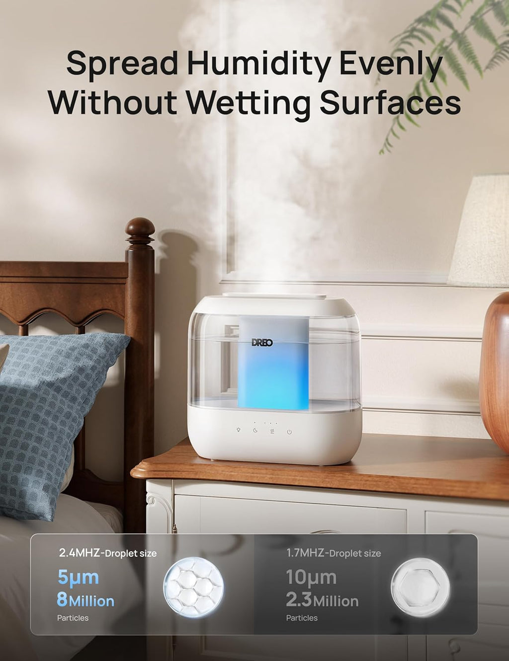 H12 - DREO Humidifiers for Bedroom, 4L Top Fill for Large Room, 36H Runtime [Ultra-Strong Mist Output] Quiet Cool Mist Air Humidifier for Baby Nursery, Plants, Indoor, Night Light, Easy to Clean