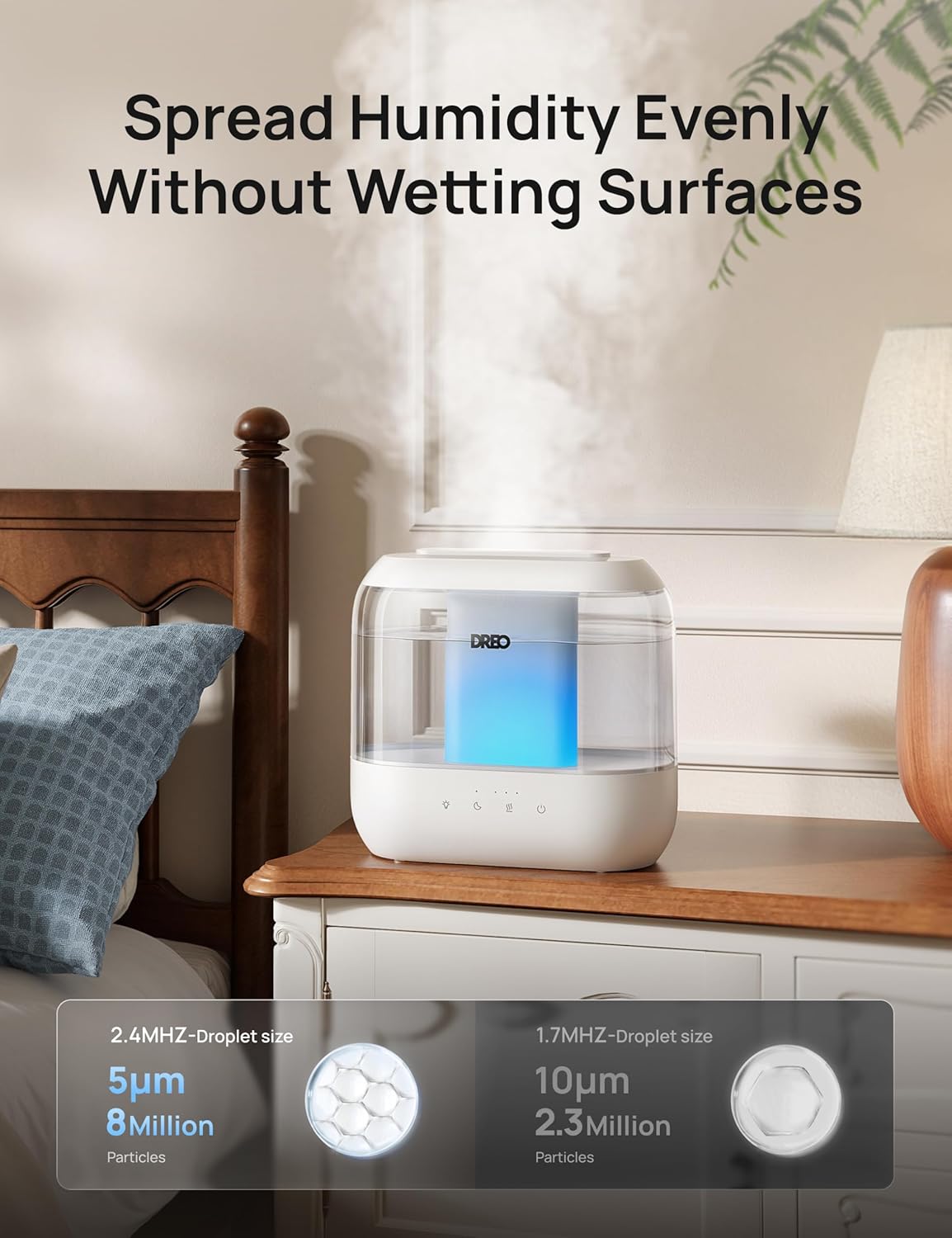 H12 - DREO Humidifiers for Bedroom, 4L Top Fill for Large Room, 36H Runtime [Ultra-Strong Mist Output] Quiet Cool Mist Air Humidifier for Baby Nursery, Plants, Indoor, Night Light, Easy to Clean