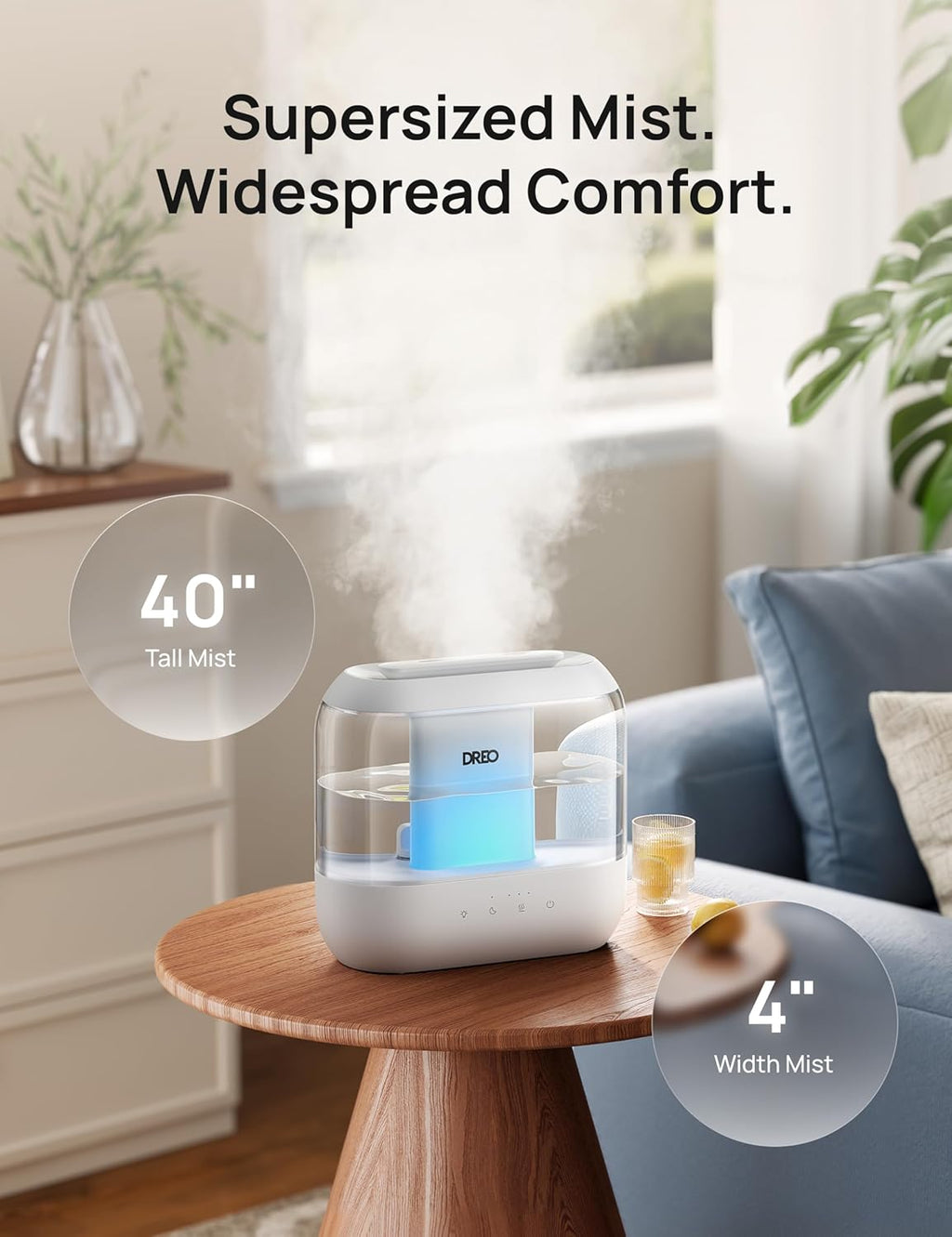 H12 - DREO Humidifiers for Bedroom, 4L Top Fill for Large Room, 36H Runtime [Ultra-Strong Mist Output] Quiet Cool Mist Air Humidifier for Baby Nursery, Plants, Indoor, Night Light, Easy to Clean