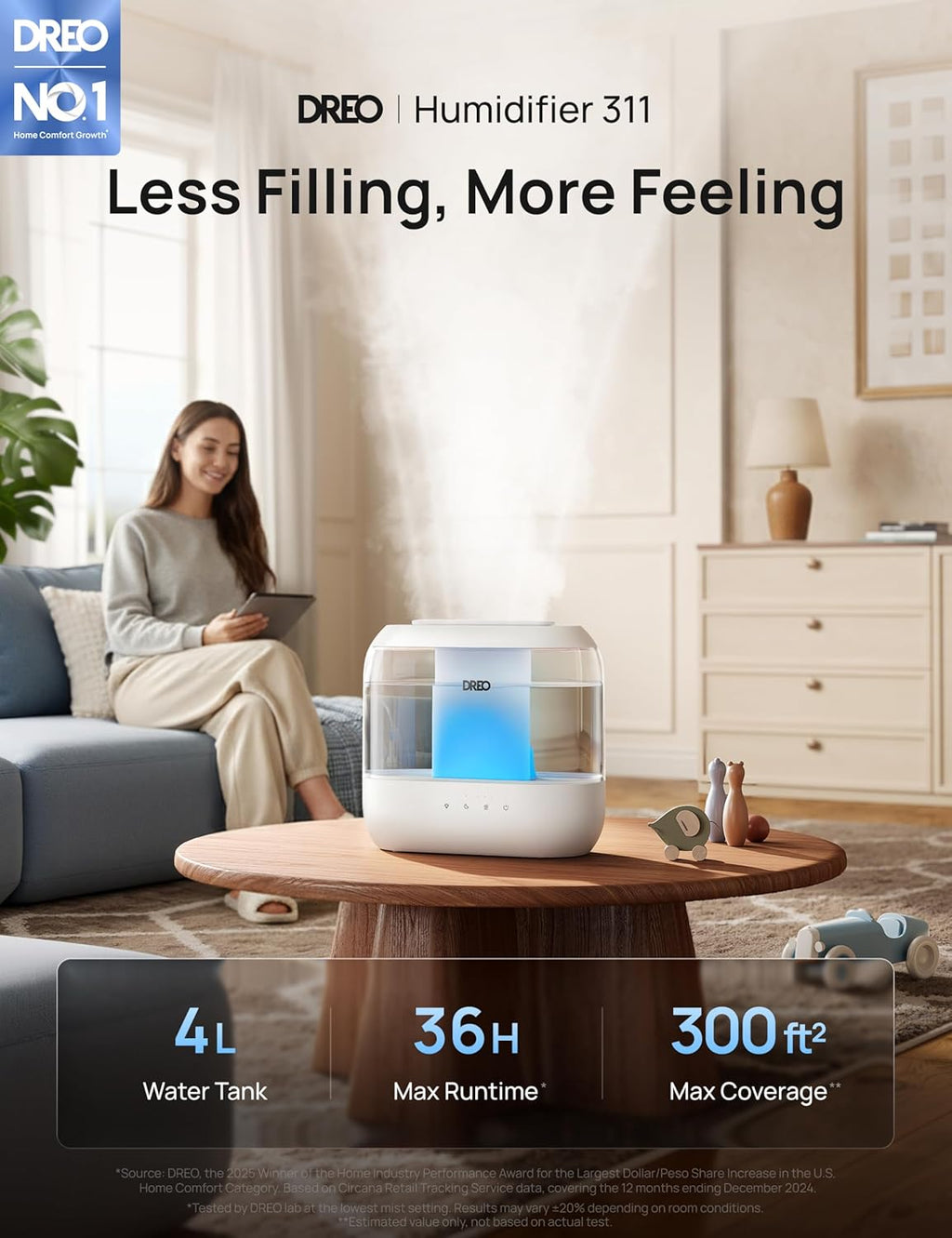 H12 - DREO Humidifiers for Bedroom, 4L Top Fill for Large Room, 36H Runtime [Ultra-Strong Mist Output] Quiet Cool Mist Air Humidifier for Baby Nursery, Plants, Indoor, Night Light, Easy to Clean