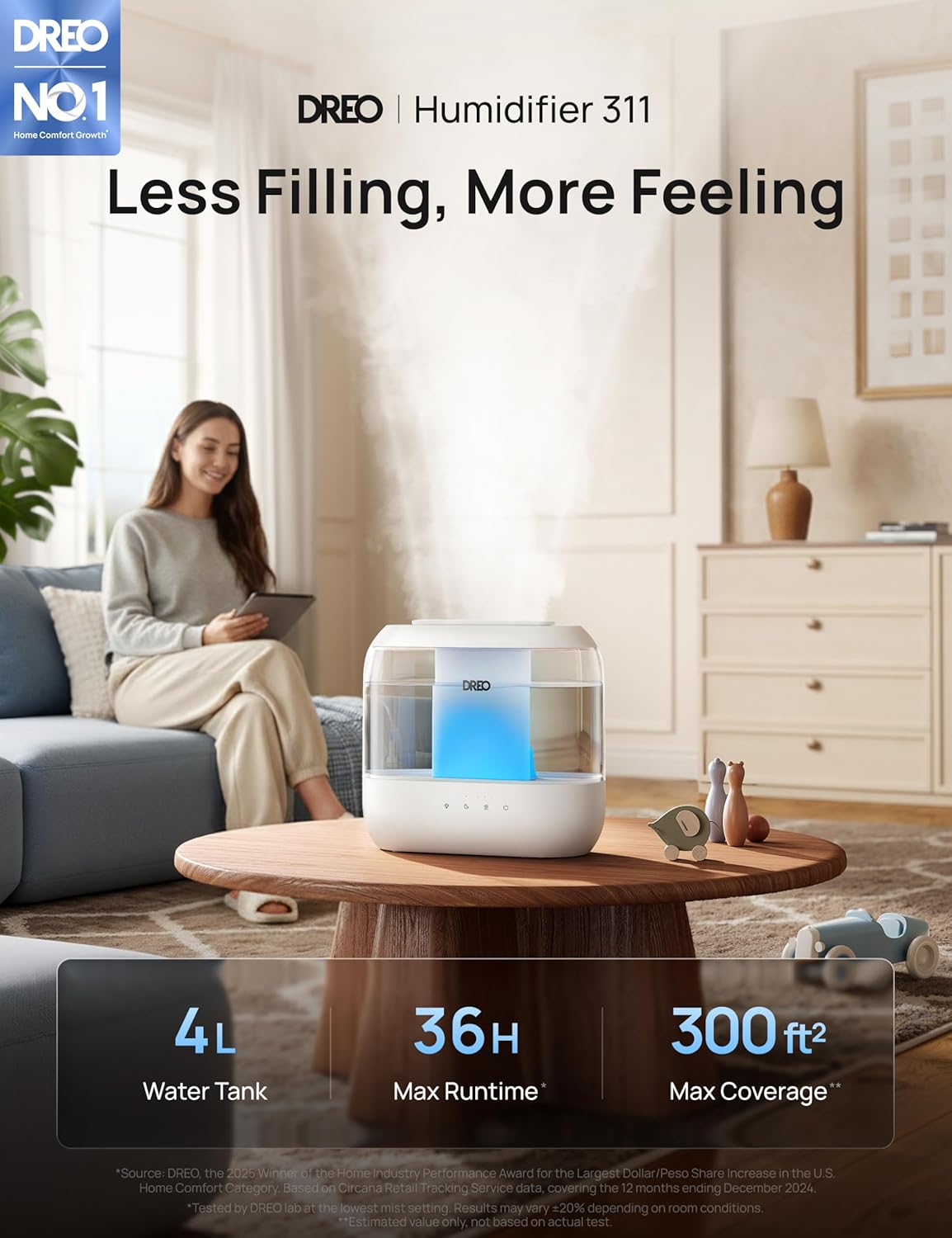 H12 - DREO Humidifiers for Bedroom, 4L Top Fill for Large Room, 36H Runtime [Ultra-Strong Mist Output] Quiet Cool Mist Air Humidifier for Baby Nursery, Plants, Indoor, Night Light, Easy to Clean
