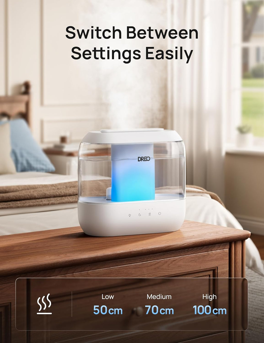 H12 - DREO Humidifiers for Bedroom, 4L Top Fill for Large Room, 36H Runtime [Ultra-Strong Mist Output] Quiet Cool Mist Air Humidifier for Baby Nursery, Plants, Indoor, Night Light, Easy to Clean