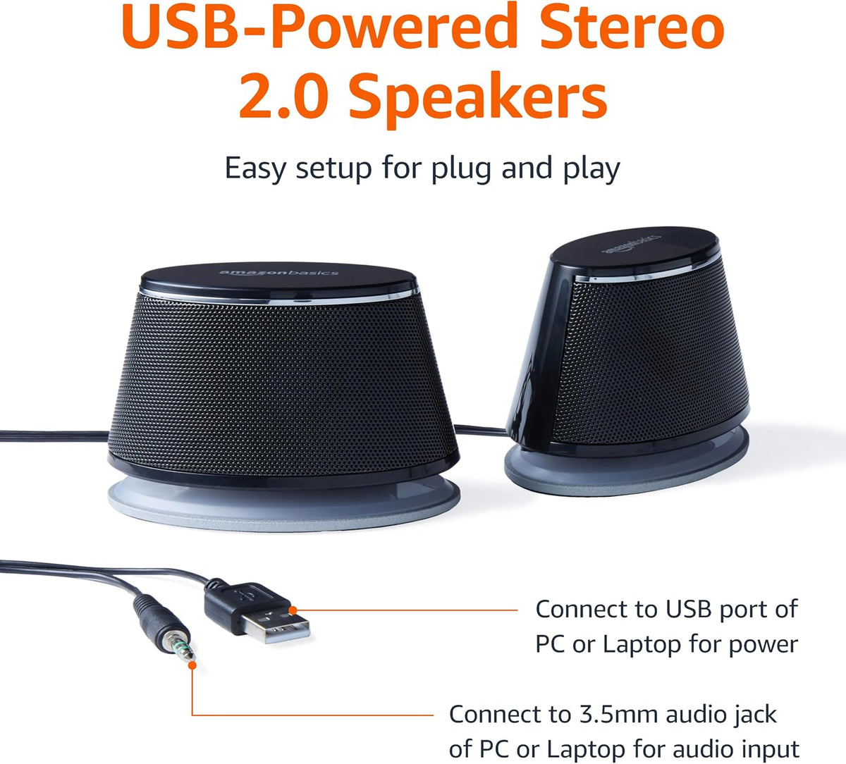 H14 - Amazon Basics Stereo 2.0 Speakers for PC or Laptop, 3.5mm Aux input, USB-Powered, 1 Pair
