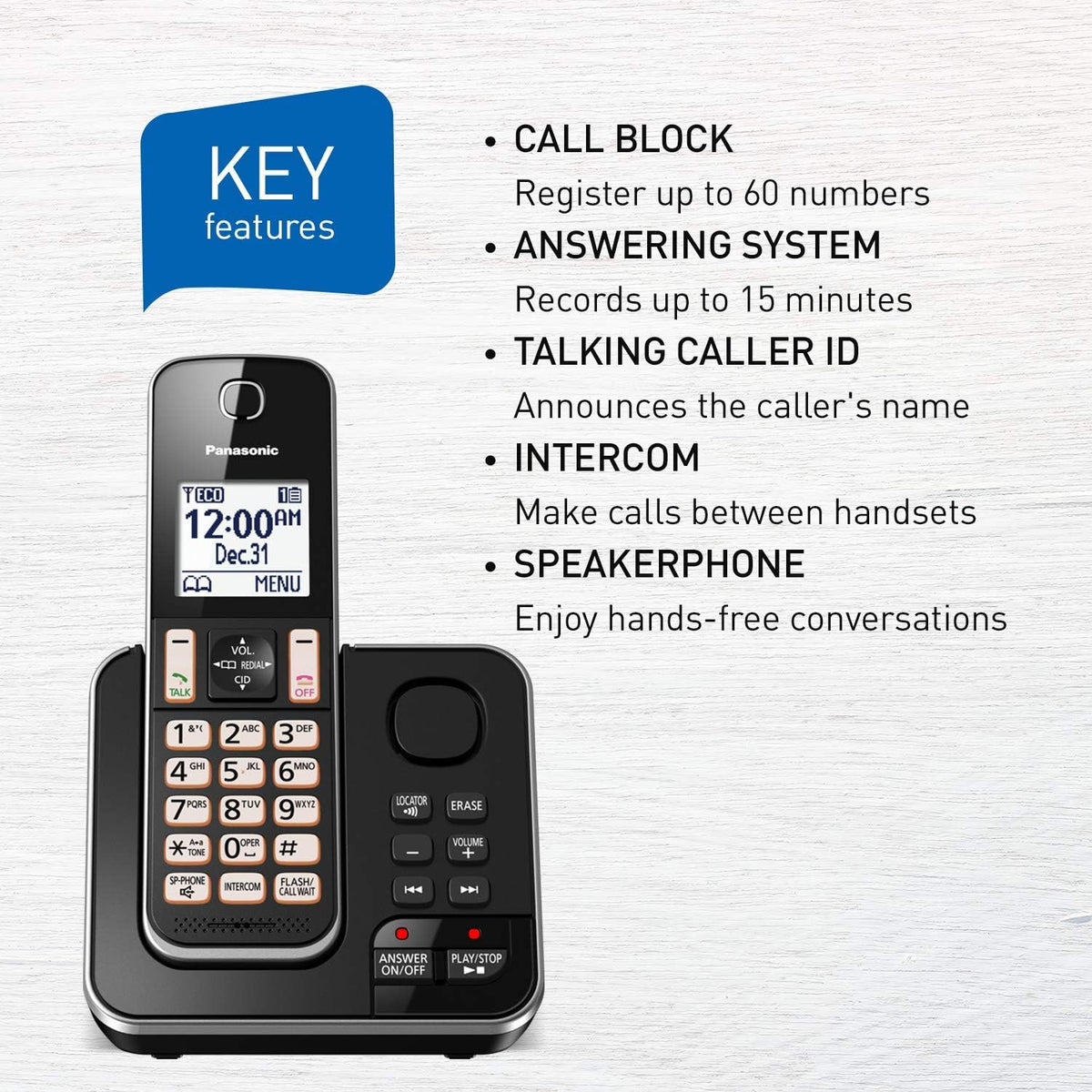 H16 - Panasonic DECT 6.0 Expandable Cordless Phone with Answering Machine and Call Block - 1 Cordless Handset - KX-TGD390CB
