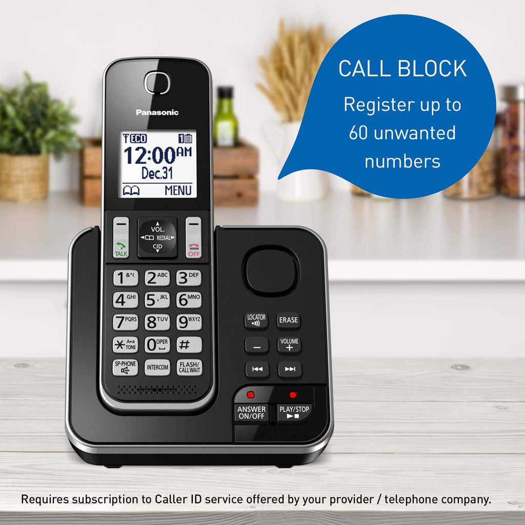 H16 - Panasonic DECT 6.0 Expandable Cordless Phone with Answering Machine and Call Block - 1 Cordless Handset - KX-TGD390CB