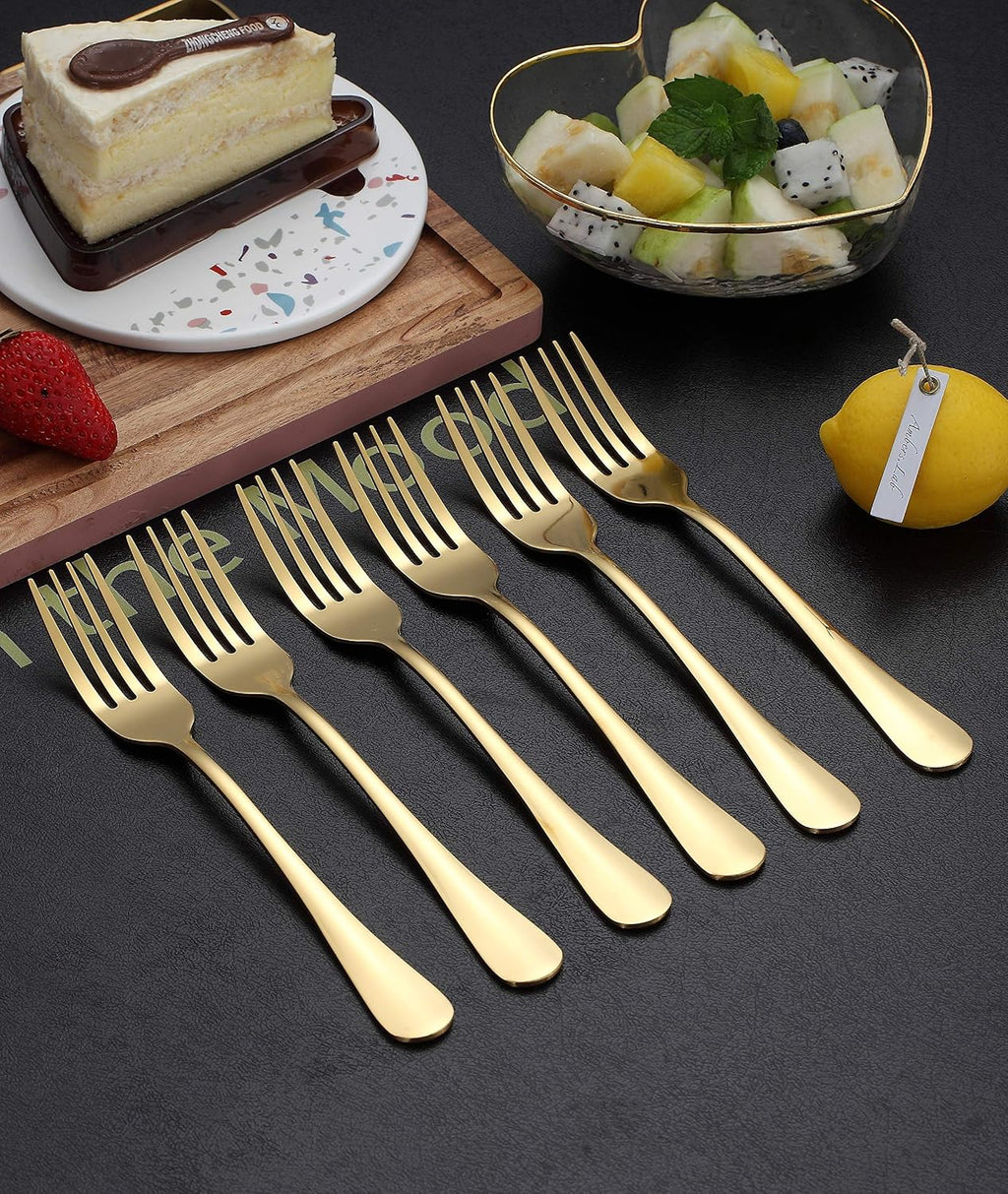 H24 - Kyraton Set of 12 Stainless Steel Dinner Forks, 8 Inch, Titanium-Plated Wedding Flatware, 12 Table Fork Set