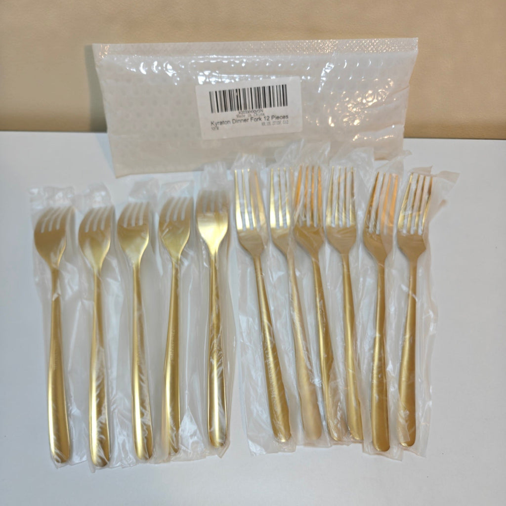 H24 - Kyraton Set of 12 Stainless Steel Dinner Forks, 8 Inch, Titanium-Plated Wedding Flatware, 12 Table Fork Set
