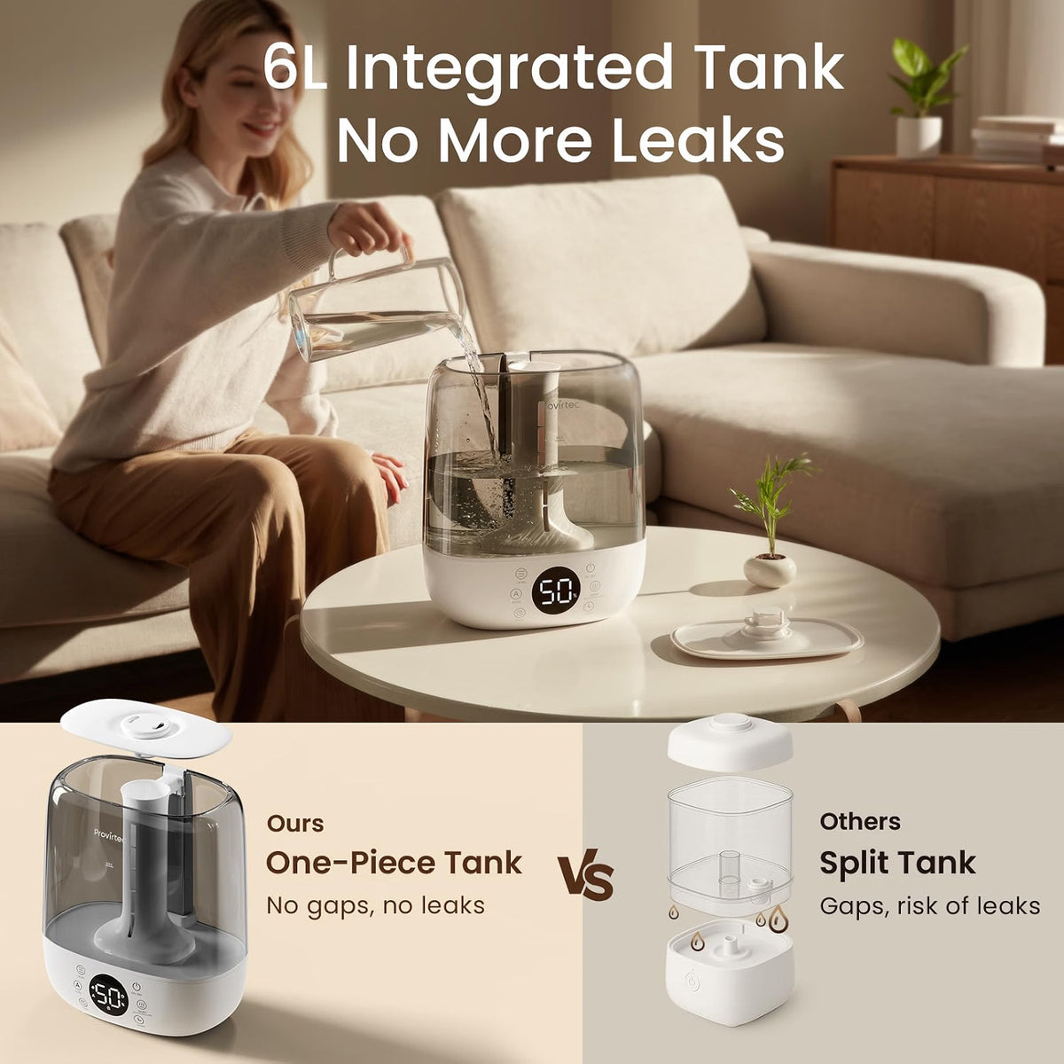 H27 - Provirtec 6L Self-Cleaning Humidifier for Large Room, Warm and Cool Mist