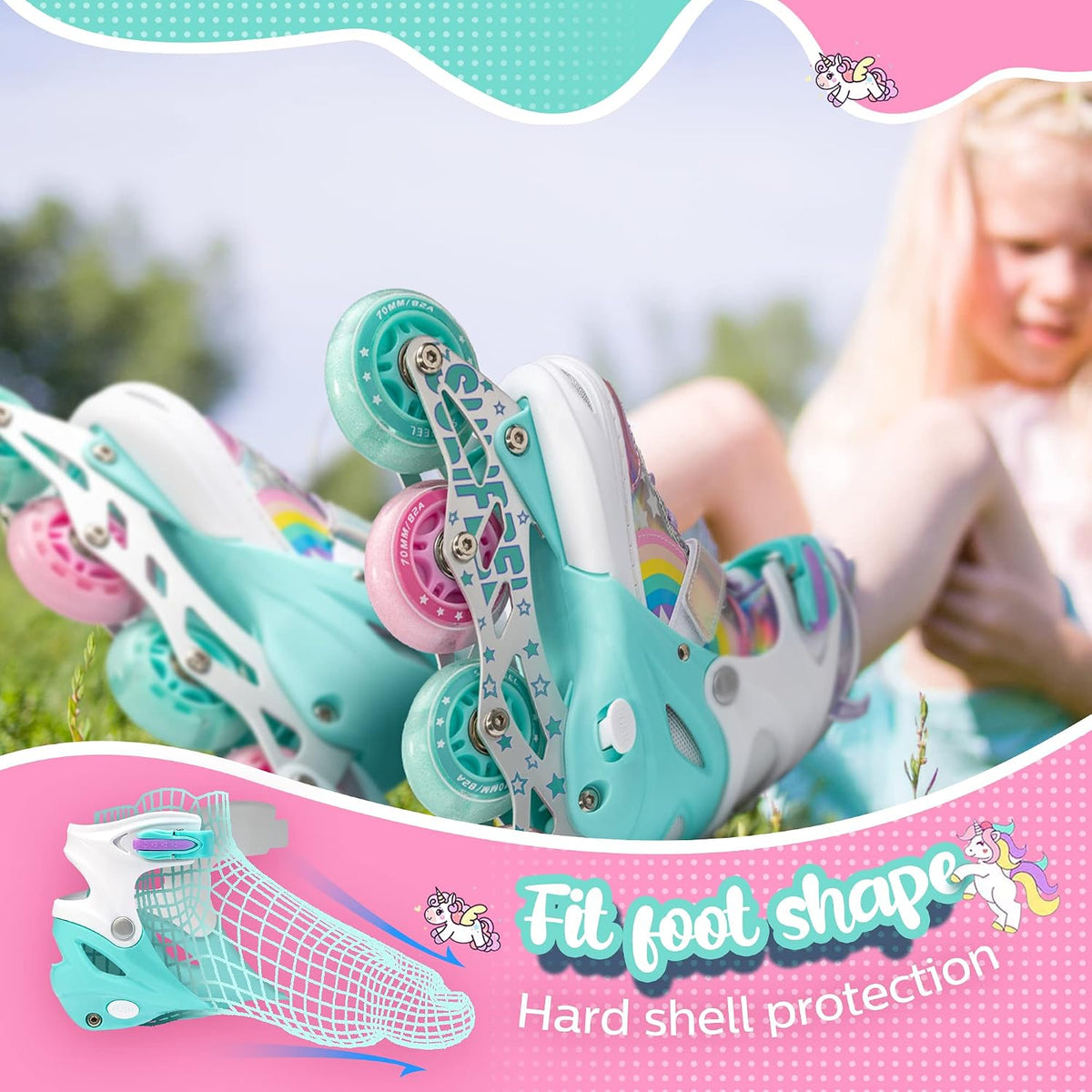 H29 - SULIFEEL Rainbow Unicorn Adjustable Inline Skates for Girls for Kids