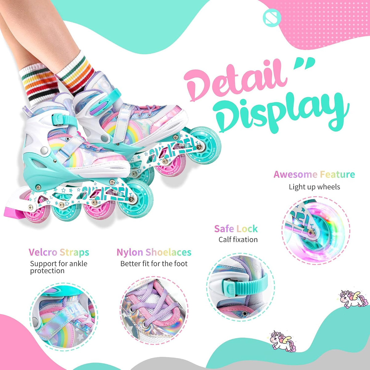 H29 - SULIFEEL Rainbow Unicorn Adjustable Inline Skates for Girls for Kids