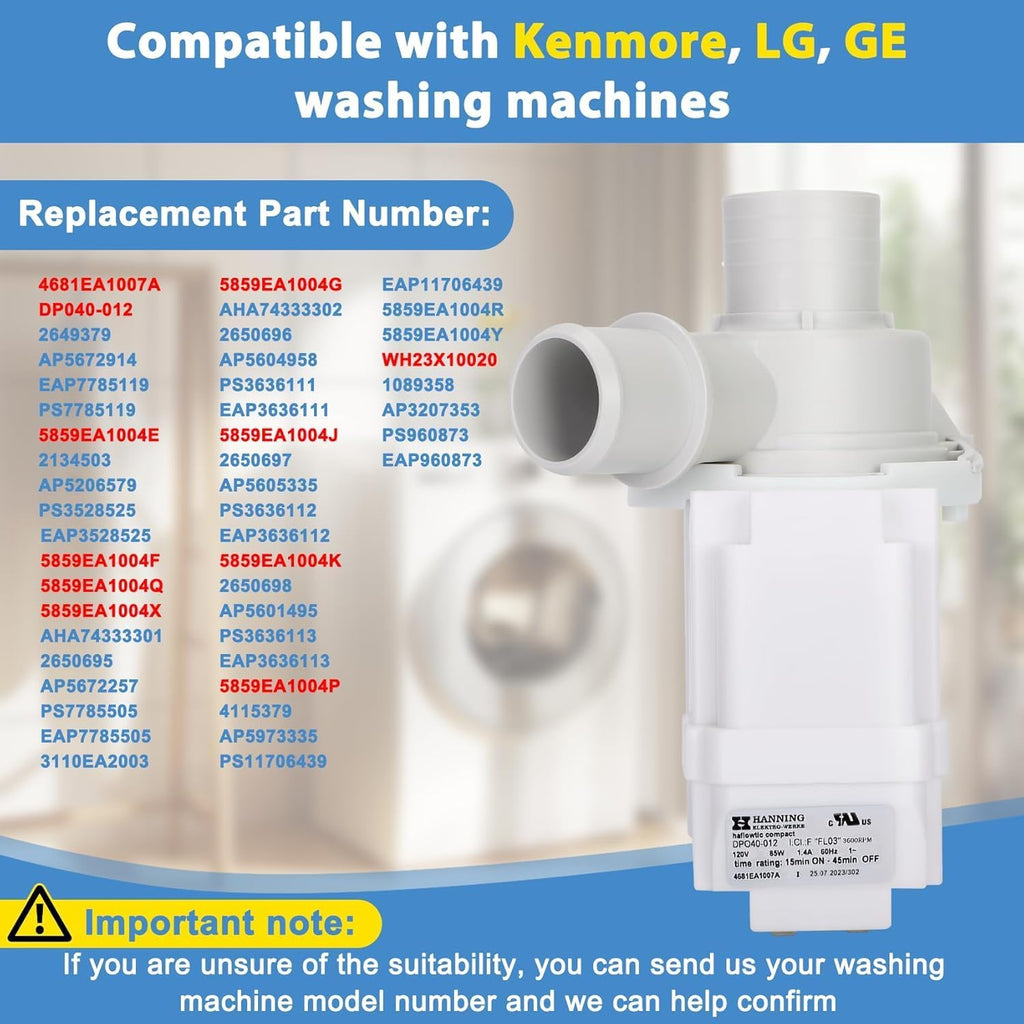 H31 - DP040-012 4681EA1007A 2649379 Washer Drain Pump Replacement, Compatible with LG Kenmore GE