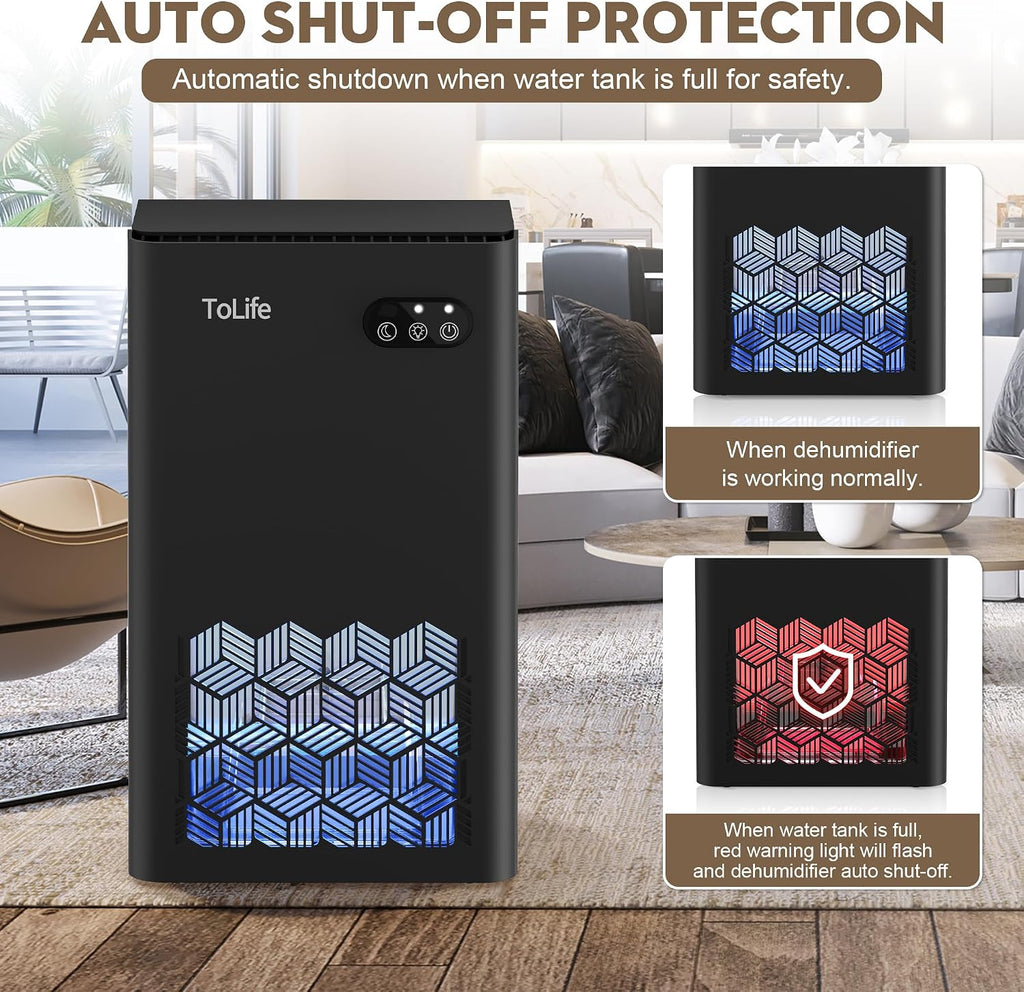 H34 - ToLife Dehumidifier, 1000 Sq Ft 95 oz Tank with Sleep Mode, Auto Shutoff