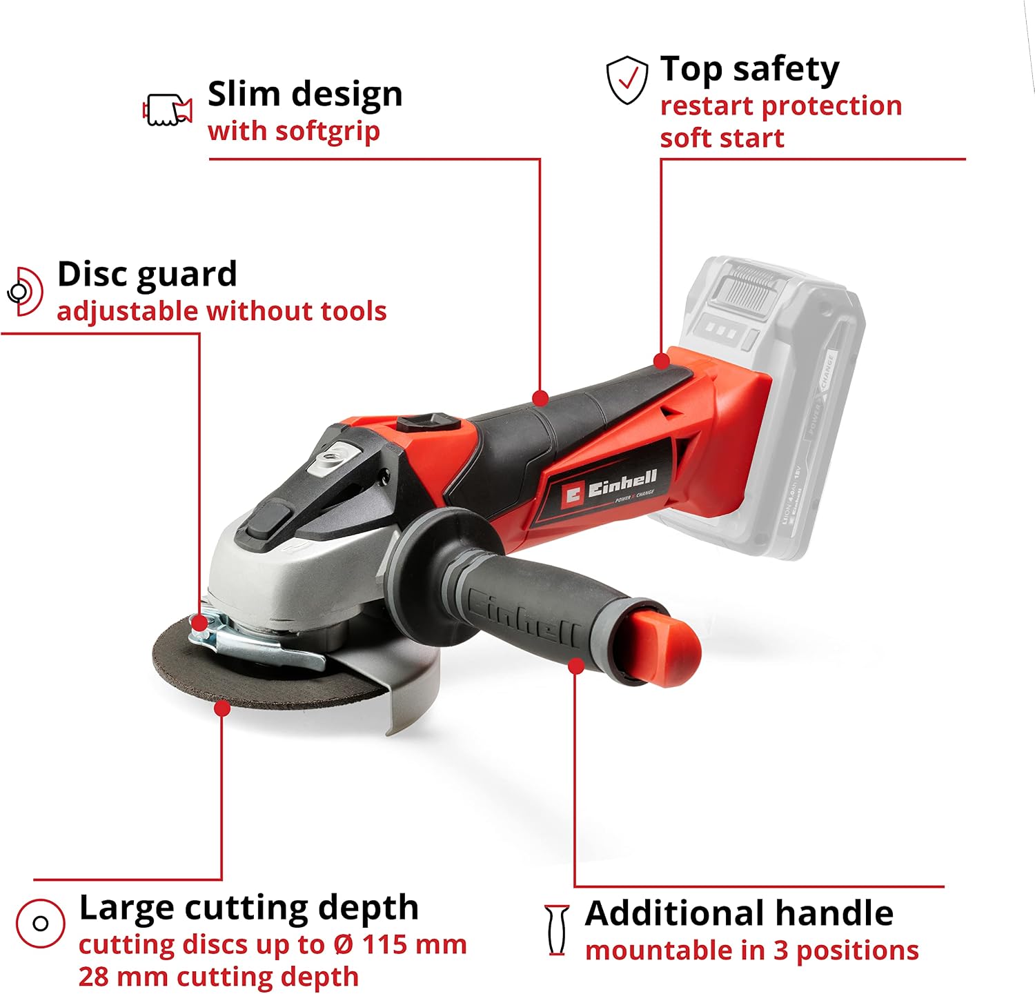 H7 - Einhell 4431122 Cordless 4-1/2" Angle Grinder TE-AG 18/115 Li-Solo Power X-Change (18V, 4-1/2" disc diameter, 1.1" cutting depth, soft start, without cutting disc.
