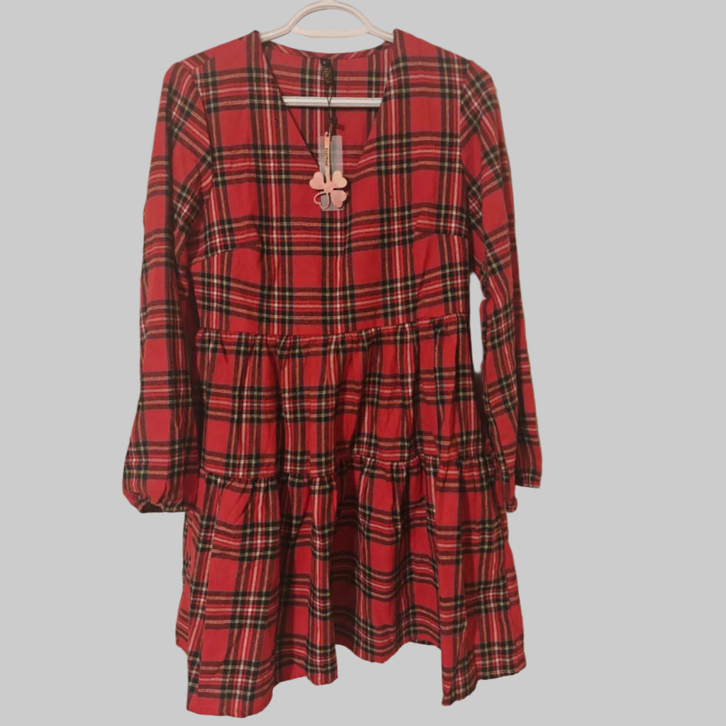 C10 - FANCYINN Womens Buffalo Plaid Shift Tunic Dress Long Sleeve Ruffle Hem Vneck Casual Swing Babydoll Mini Dress with Pockets