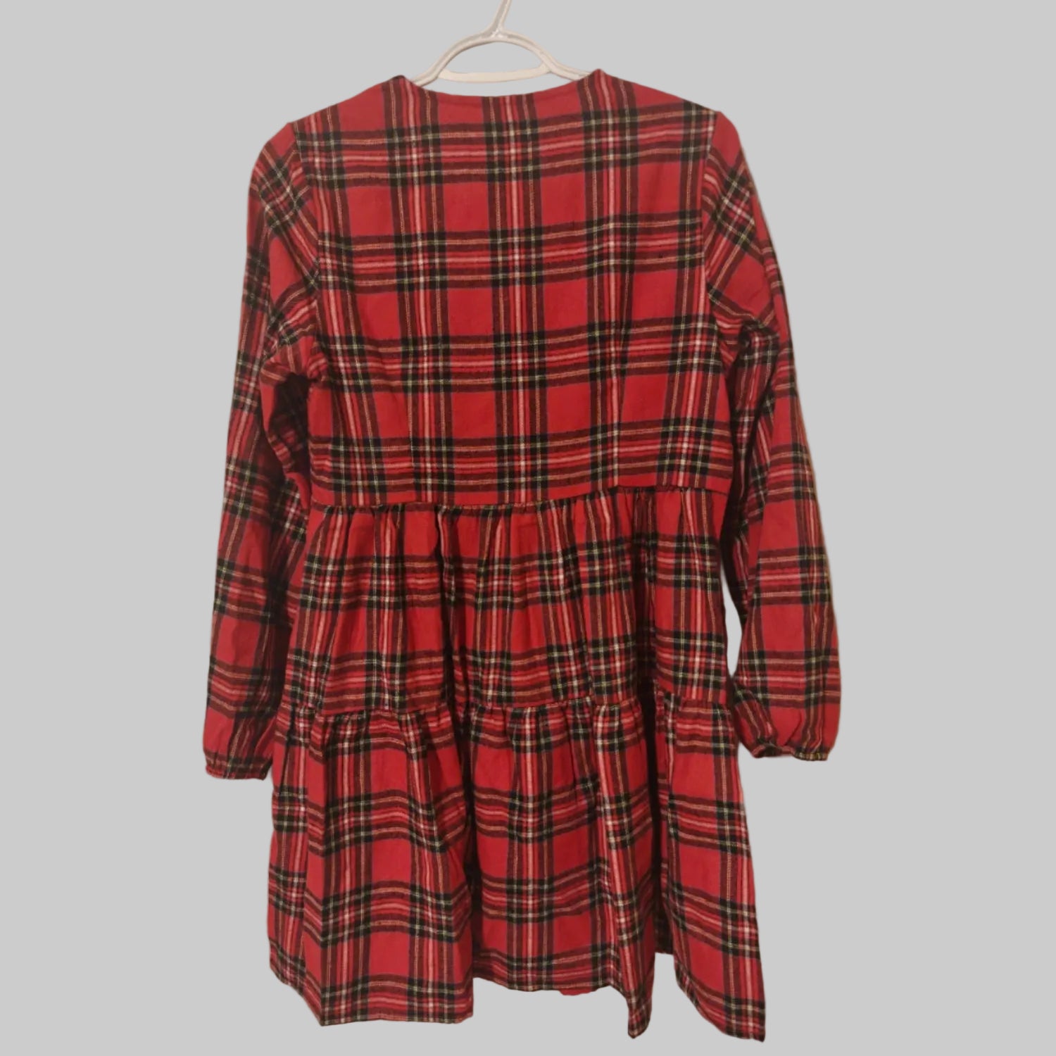C10 - FANCYINN Womens Buffalo Plaid Shift Tunic Dress Long Sleeve Ruffle Hem Vneck Casual Swing Babydoll Mini Dress with Pockets