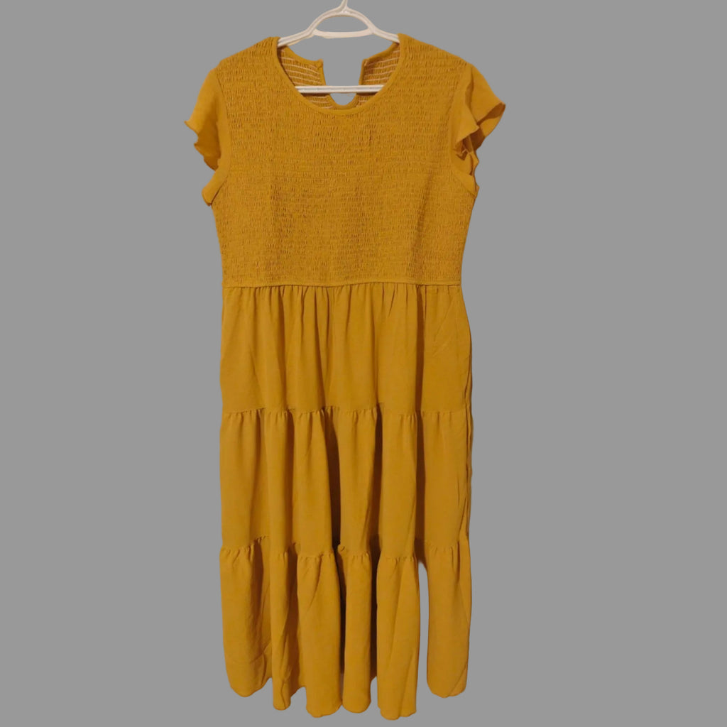 C12 - Women's Summer Casual Midi Dress Boho Flutter Sleeve Crew Neck Smocked Flowy Tiered A-Line Long Beach Dress