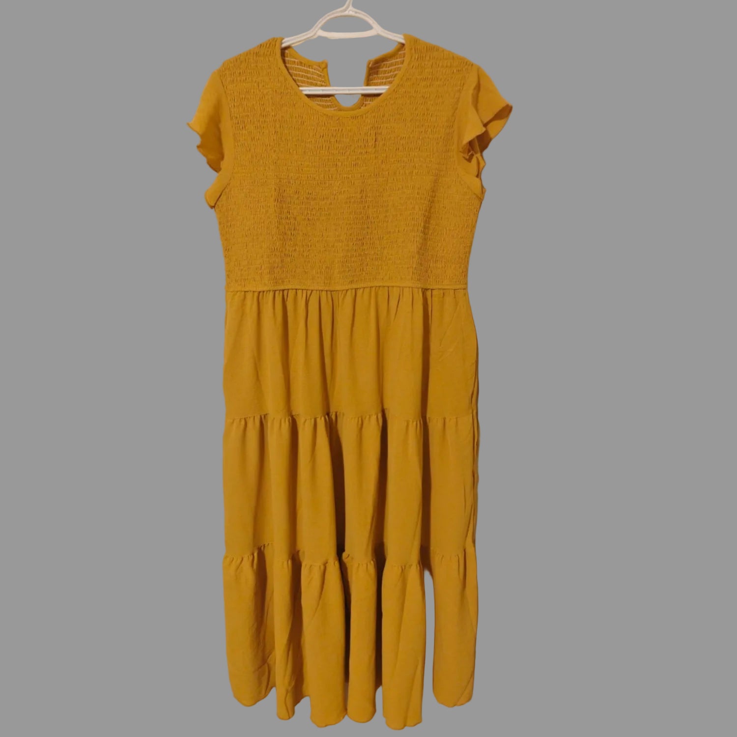 C12 - Women's Summer Casual Midi Dress Boho Flutter Sleeve Crew Neck Smocked Flowy Tiered A-Line Long Beach Dress