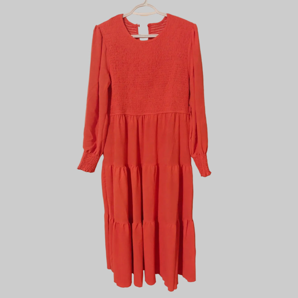 C18 - Women's Casual Long Sleeve Dress Crew Neck Smocked Flowy Tiered A-Line Pleated Midi Dress