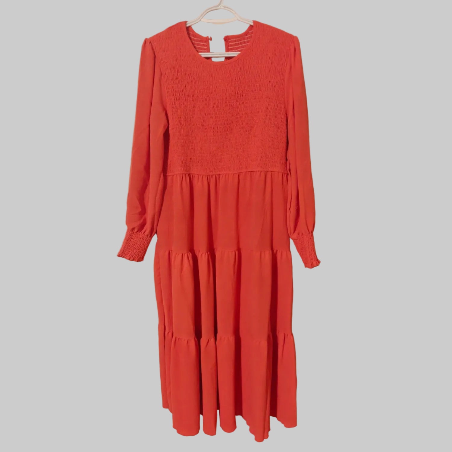 C18 - Women's Casual Long Sleeve Dress Crew Neck Smocked Flowy Tiered A-Line Pleated Midi Dress