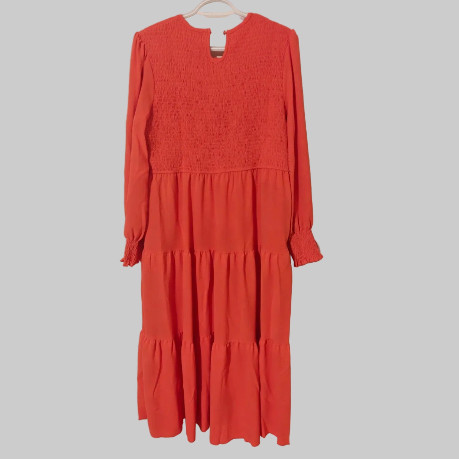 C18 - Women's Casual Long Sleeve Dress Crew Neck Smocked Flowy Tiered A-Line Pleated Midi Dress