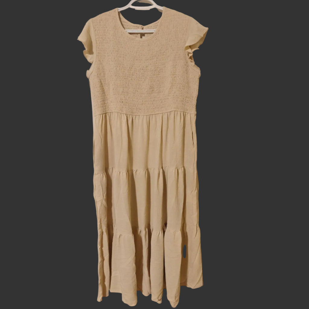 C19 - Summer Casual Midi Dress Boho Flutter Sleeve Crew Neck Smocked Flowy Tiered A-Line Long Beach Dress