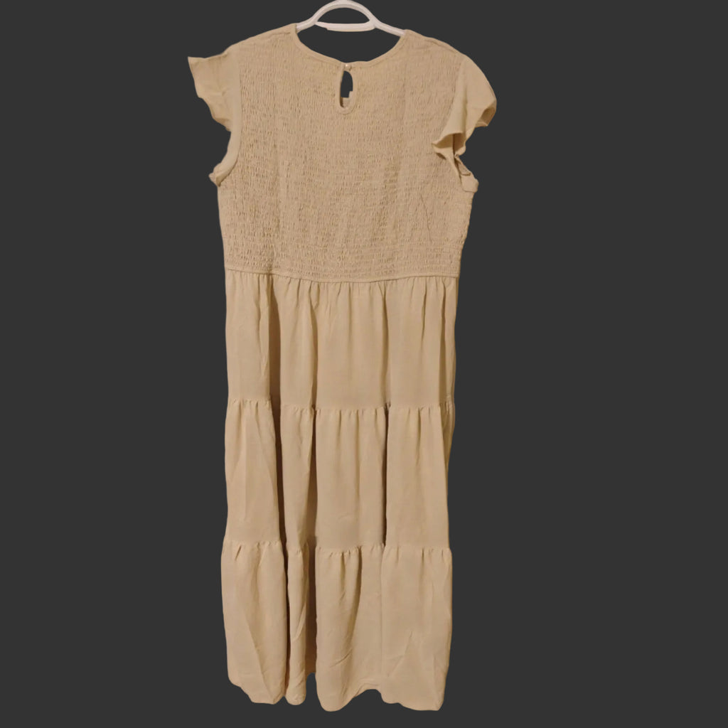 C19 - Summer Casual Midi Dress Boho Flutter Sleeve Crew Neck Smocked Flowy Tiered A-Line Long Beach Dress
