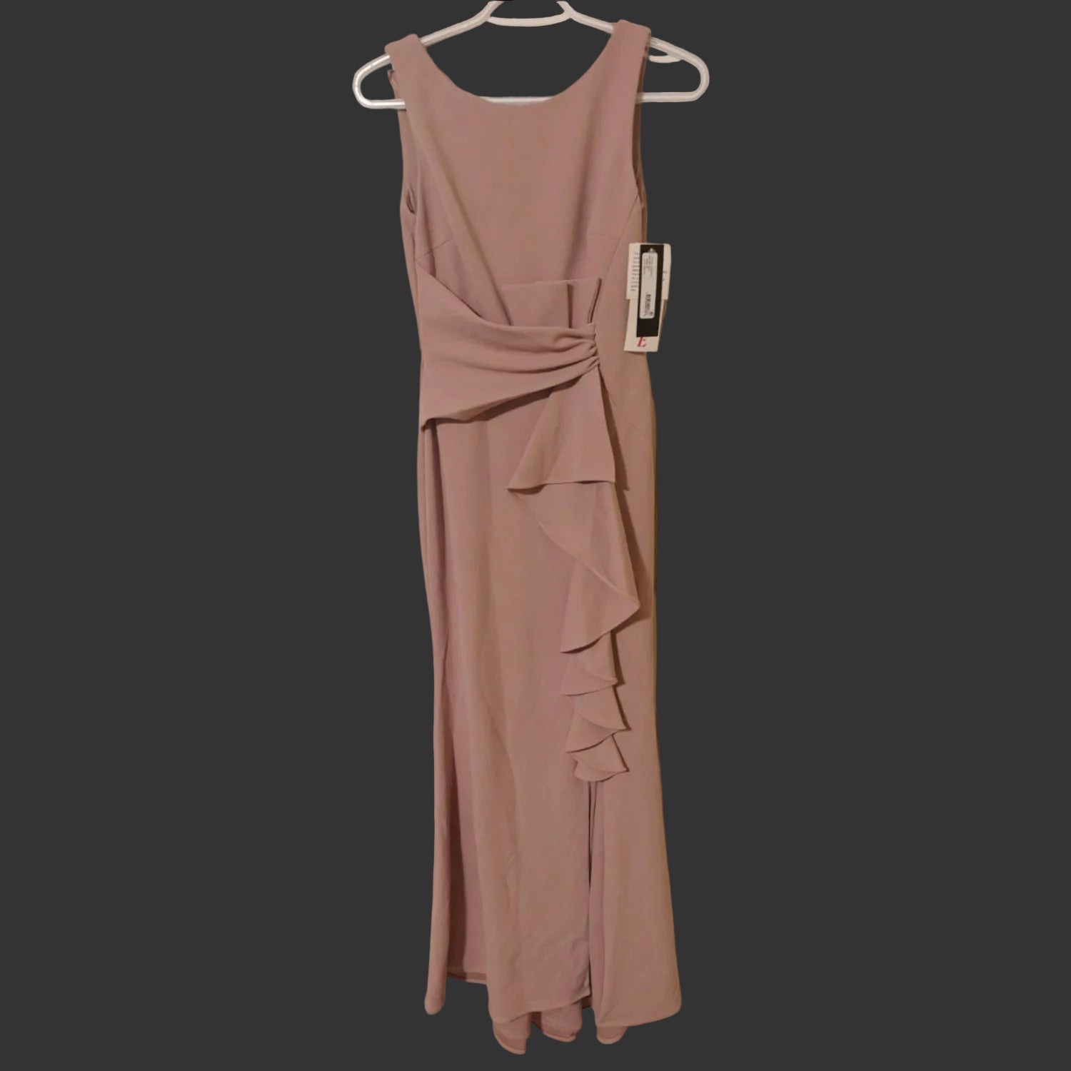 C22 - Betsy & Adam Women's Long Sleeveless Boat Neck Ruffle Side Slit Scuba Crepe Gown
